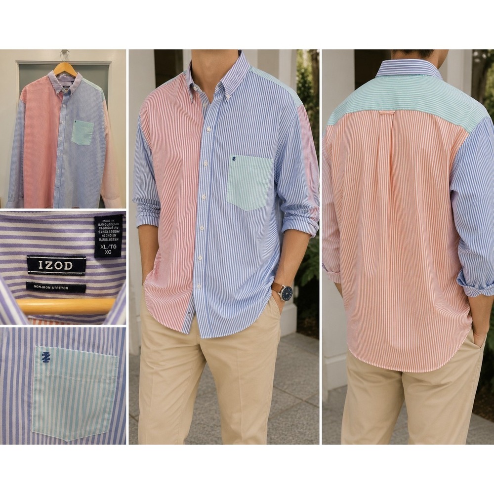 IZOD Men's XL Colorblock Striped Button Down Shirt Blue Pink Green Non-Iron...